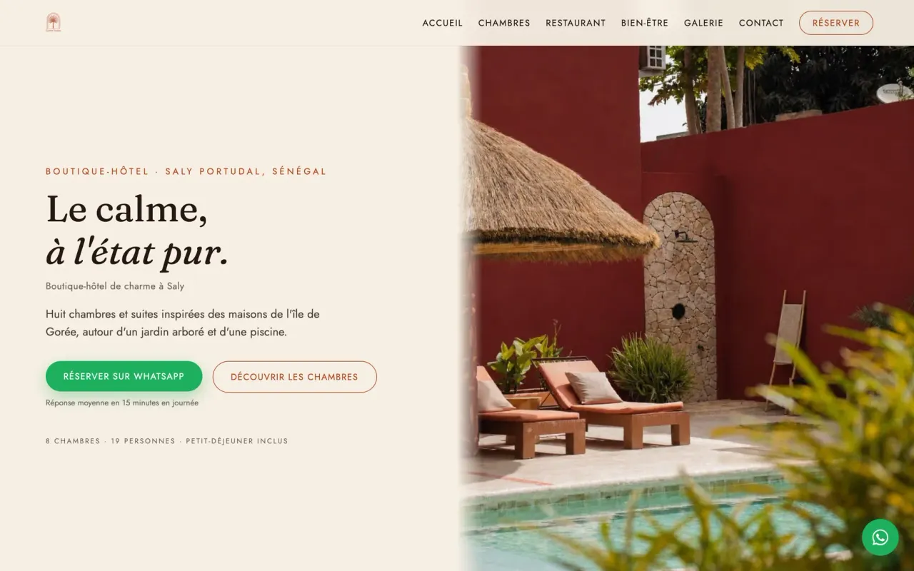 Gorée Suites, Hôtellerie : page d'accueil du site livré